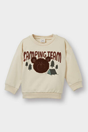 Erkek Bebek Bisiklet Yaka Ayı Baskılı İçi Yumuşak Tüylü Sweatshirt