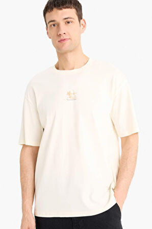 DeFacto %100 Pamuk Boxy Fit Bisiklet Yaka Sırt Baskılı Kısa Kollu Tişört F1093AX25AUER235