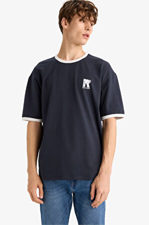 Boxy Fit Bisiklet Yaka Baskılı Kısa Kollu Tişört