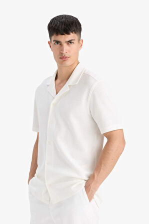 %100 Pamuk Regular Fit Polo Yaka Waffle Kısa Kollu Gömlek