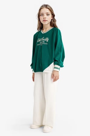 DeFacto %100 Pamuk Oversize Geniş Kalıp V Yaka Baskılı Okul Sweatshirt Kız Çocuk F7583A825AUGN651