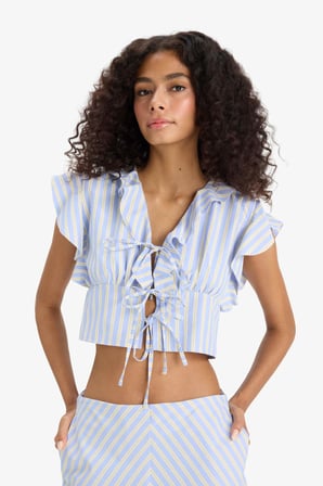 DeFacto Slim Fit Dar Kesim V Yaka Çizgili Önden Bağlamalı Poplin Kolsuz Bluz F6058AX25SMBE40
