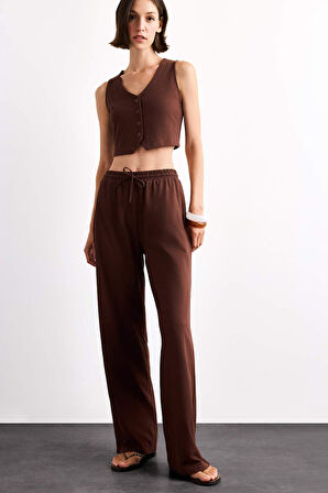 Fitted Çizgili Üç Cepli Uzun Pantolon