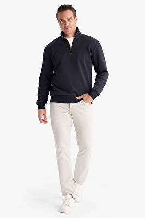 Regular Fit Dik Yaka Yarım Fermuarlı İçi Yumuşak Tüylü Basic Düz Sweatshirt