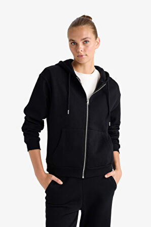 Relax Fit Kapüşonlu Basic Düz Kalın Fermuarlı Sweatshirt
