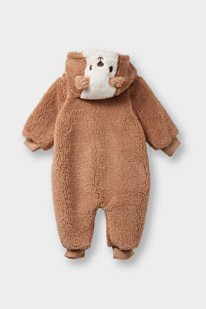 Erkek Bebek Yenidoğan Kapüşonlu Fermuarlı Uzun Kollu Pelüş Tulum