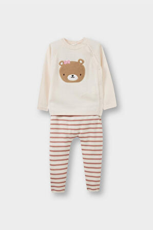 Kız Bebek 2'li Takım Ayı Baskılı Triko Düğmeli Hırka Çizgili Alt