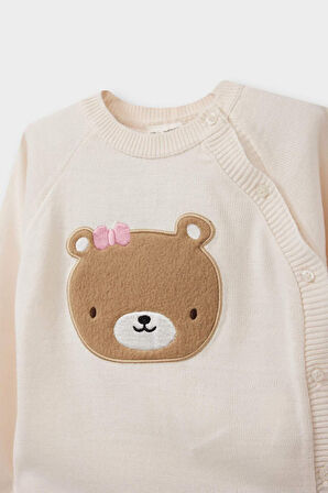 Kız Bebek 2'li Takım Ayı Baskılı Triko Düğmeli Hırka Çizgili Alt