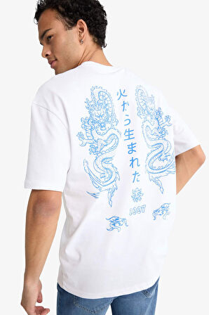 Boxy Fit Bisiklet Yaka Baskılı Kısa Kollu Tişört