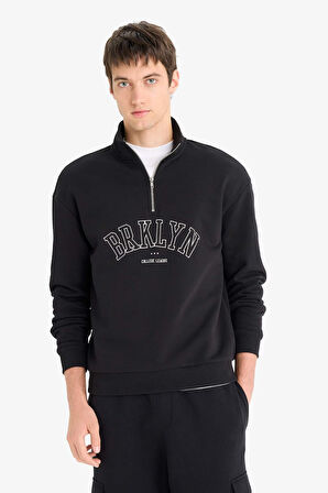 Boxy Fit Dik Yaka Fermuarlı Baskılı Sweatshirt