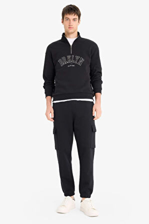 Boxy Fit Dik Yaka Fermuarlı Baskılı Sweatshirt