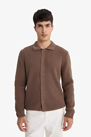 Standart Fit Polo Yaka Fermuarlı Triko Hırka 