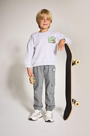 Erkek Bebek Bisiklet Yaka Dinozor Baskılı İçi Yumuşak Tüylü Sweatshirt