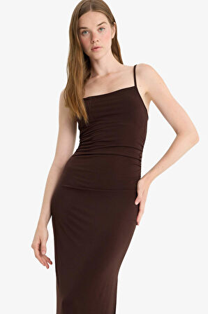 Bodycon Vücudu Saran Straplez Askılı Maxi Elbise