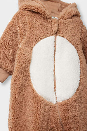 Erkek Bebek Yenidoğan Kapüşonlu Fermuarlı Uzun Kollu Pelüş Tulum