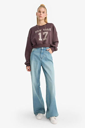 Coool Crop Bisiklet Yaka Baskılı Kalın Sweatshirt