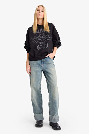 Coool Oversize Geniş Kalıp Kapüşonlu Baskılı Kalın Kumaş Sweatshirt