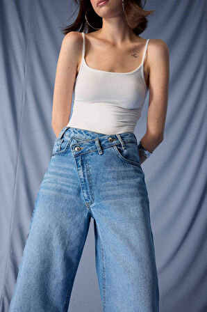 Wide Leg Yüksek Bel Uzun Jean Yıkamalı Pantolon