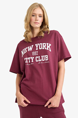 Oversize Geniş Kalıp Bisiklet Yaka Baskılı Kısa Kollu Tişört