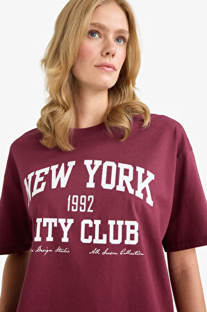 Oversize Geniş Kalıp Bisiklet Yaka Baskılı Kısa Kollu Tişört