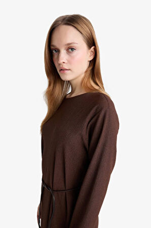 Regular Fit Penye Uzun Kollu Midi Elbise