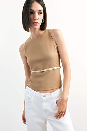 Fitted Bisiklet Yaka Kemerli Kolsuz Bluz