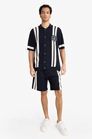 Standart Fit Beli Bağcıklı Renk Bloklu Triko Şort