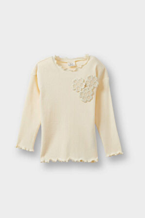 Kız Bebek Standart Fit Çiçekli Fitilli Kaşkorse Uzun Kollu Tişört