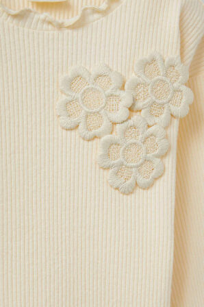 Kız Bebek Standart Fit Çiçekli Fitilli Kaşkorse Uzun Kollu Tişört