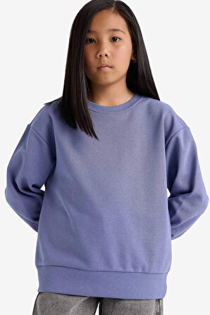 Kız Çocuk Relax Fit Bisiklet Yaka Basic Düz Sweatshirt