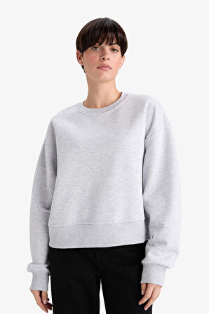 Boxy Fit Bisiklet Yaka Basic Düz Sweatshirt