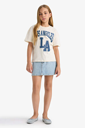 Kız Çocuk Relax Fit Bisiklet Yaka Üniversite Baskılı Kısa Kollu Tişört