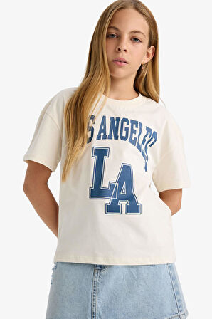 Kız Çocuk Relax Fit Bisiklet Yaka Üniversite Baskılı Kısa Kollu Tişört