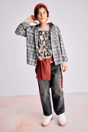 Erkek Çocuk Overshirt Fit Polo Yaka Kareli Flanel Uzun Kollu Gömlek