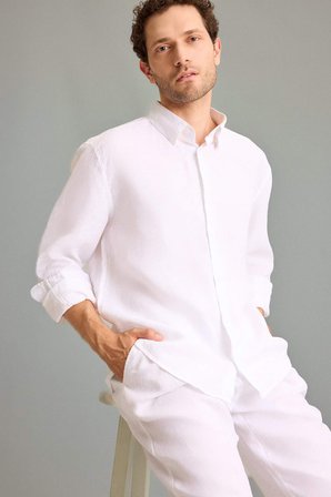 DeFacto %100 Keten Regular Fit Polo Yaka Yazlık Basic Uzun Kollu Gömlek C1825AX26SMWT32