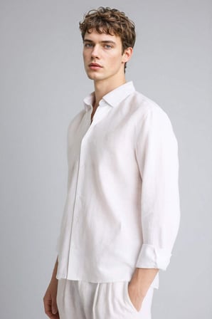DeFacto %100 Keten Regular Fit Polo Yaka Yazlık Basic Uzun Kollu Gömlek C1825AX26SMWT32