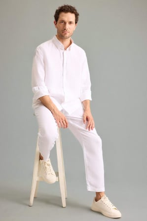 DeFacto %100 Keten Regular Fit Polo Yaka Yazlık Basic Uzun Kollu Gömlek C1825AX26SMWT32