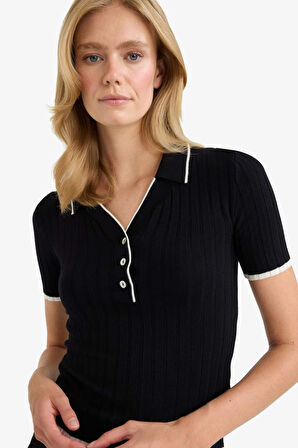 Fitted Polo Yaka Triko Kısa Kollu Kazak