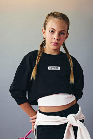 Kız Çocuk 2'li Takım Relax Fit Bisiklet Yaka Baskılı Sweatshirt Atlet