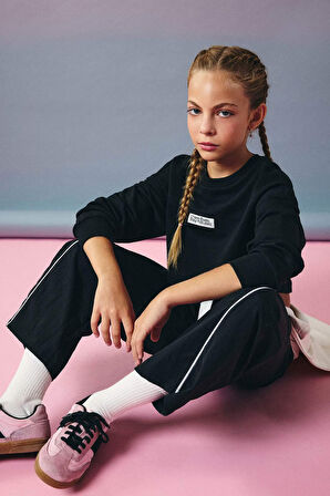 Kız Çocuk 2'li Takım Relax Fit Bisiklet Yaka Baskılı Sweatshirt Atlet