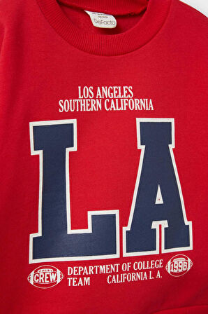 Erkek Bebek Bisiklet Yaka Baskılı İçi Yumuşak Tüylü Sweatshirt