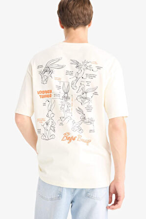 %100 Pamuk Looney Tunes Boxy Fit Rahat Kesim Bisiklet Yaka Sırt Baskılı Kısa Kollu Tişört