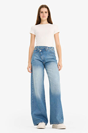 Wide Leg Yüksek Bel Uzun Jean Yıkamalı Pantolon