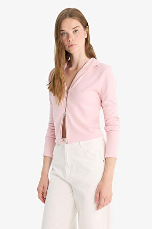 Slim Fit Dar Kesim Kapüşonlu Modal Fermuarlı Sweatshirt