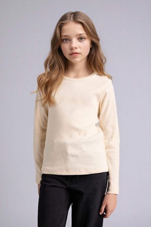 Slım Fıt Bisiklet Yaka Fitilli Kaşkorse Uzun Kollu Tişört Kız Çocuk