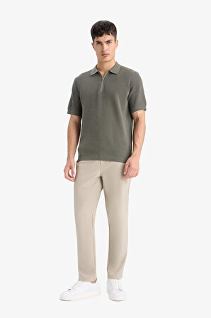 %100 Pamuk Standart Fit Yarım Fermuarlı Kısa Kollu Triko Polo Tişört