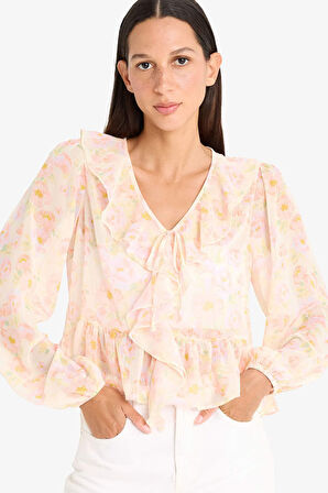 Regular Fit Floral Şifon Uzun Kollu Bluz