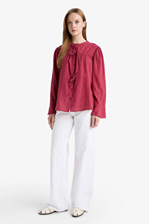 Regular Fit Bisiklet Yaka Flamlı Pamuk Uzun Kollu Tunik