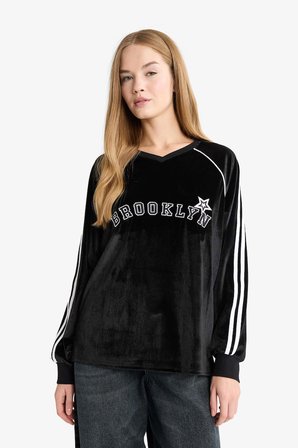DeFacto Oversıze V Yaka Baskılı Kadife Sweatshirt G3729AX25WNBK81
