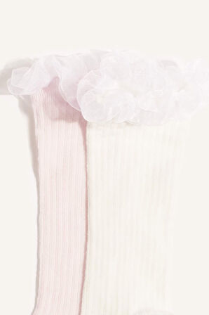 Kız Bebek Kaydırmaz Taban 2'li Pamuklu Diz Altı Çorap